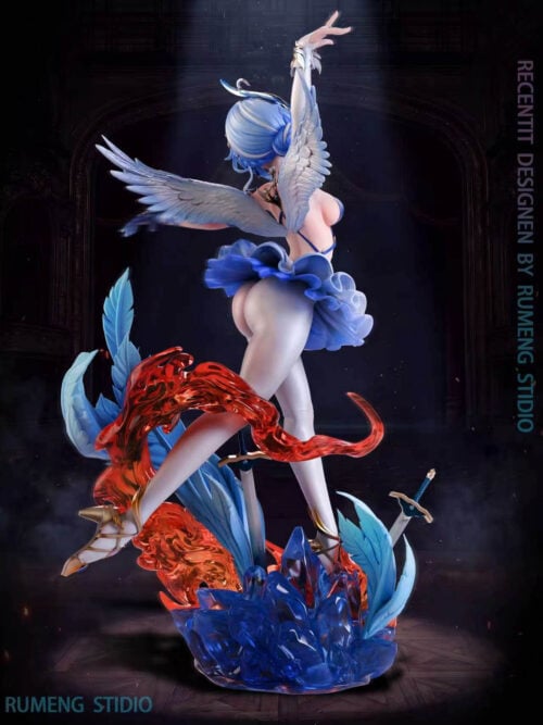 Rear view of Odette Spessiva in a ballet pose, with white wings above blue crystalline forms, swords and curling orange-red effects.