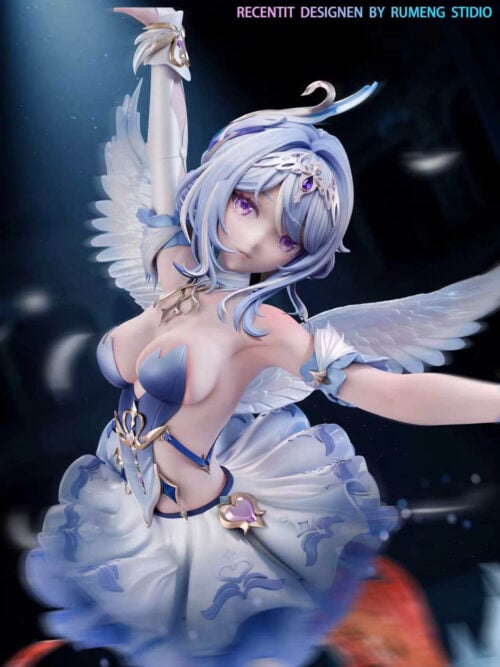 Close-up of Odette Spessiva with pale blue hair, purple eyes, a jeweled headpiece, white wings and a blue-and-white ruffled costume.