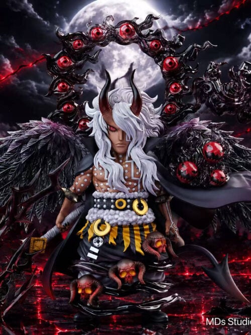 Saint Nerona Imu Ver2 with white hair, curved horns, black feathered wings and a red eye ring against a moonlit red-and-black backdrop.
