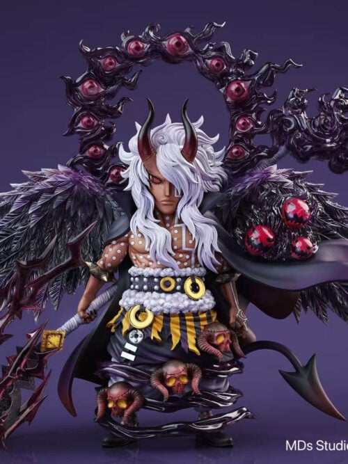 Front view of Saint Nerona Imu Ver2 with black feathered wings, a red eye ring, a branching weapon and horned skulls against a purple background.