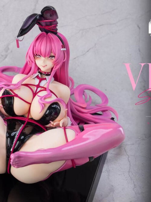 Velvet Sensual Rabbit statue reclining on a black base, with long pink hair, black bunny ears and pink thigh-high stockings.