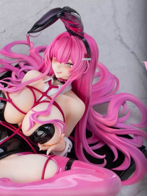 Angled view of the Velvet Sensual Rabbit statue showing curled pink hair, cord-wrapped bunny ears and a glossy black outfit.