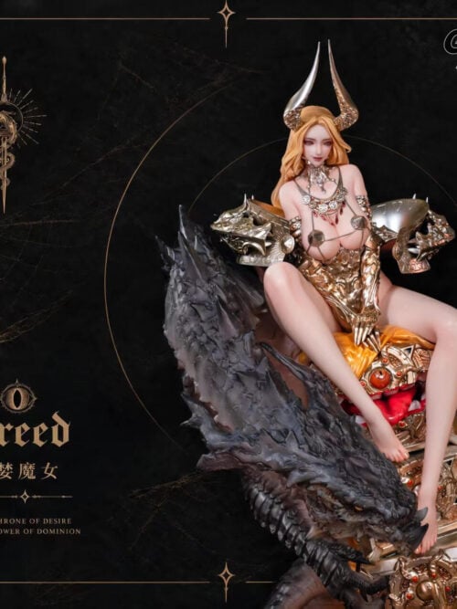 Witch of Greed promotional image showing Head Sculpt 1 on the seated figure beside the dragon, with a gold border and Greed title.