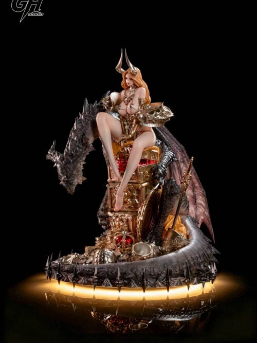 Witch of Greed seated on treasure chests beside a dark dragon, with a sword, shield, crown and goblets on the coin-covered base.