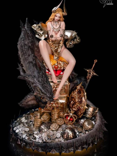 Elevated front view of Witch of Greed with tall horns, golden hair, a lowered dragon head and coins covering the treasure base.