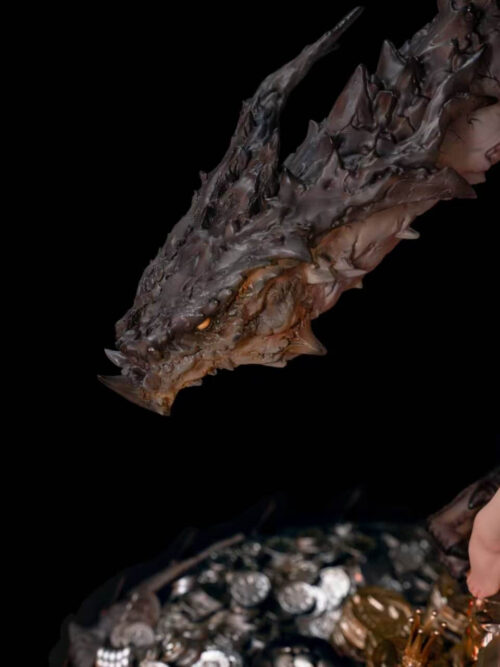 Close-up of the dragon's horned, scaled head beside the seated Witch of Greed and stacked treasure chests.