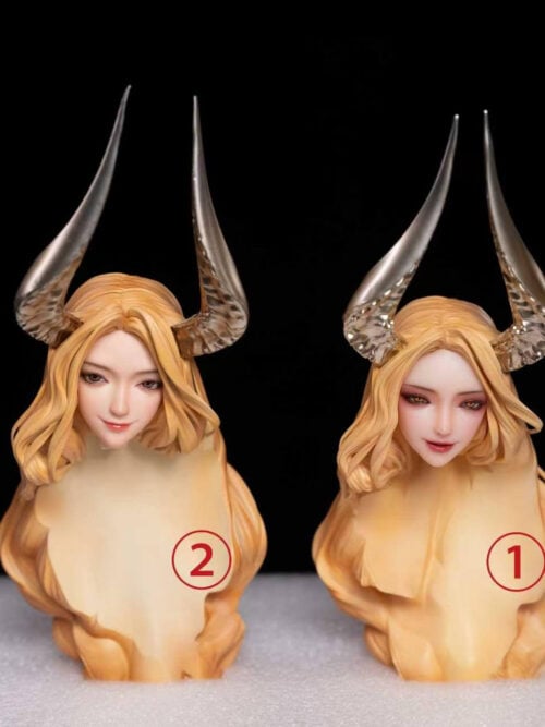 Witch of Greed head comparison: closed-lip Head Sculpt 2 on the left and parted-lip Head Sculpt 1 with darker eye makeup on the right.