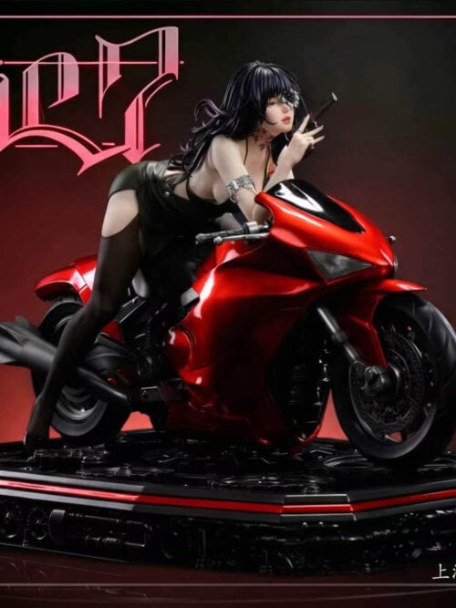 Promotional image of Manzhu Shahua holding a pistol on a red motorcycle above a mechanical base, with studio logos and exhibition text.