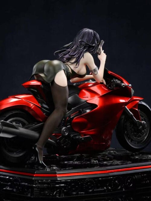 Rear three-quarter view of Manzhu Shahua and the red motorcycle, showing flowing black hair, the rear wheel, exhaust and mechanical base.
