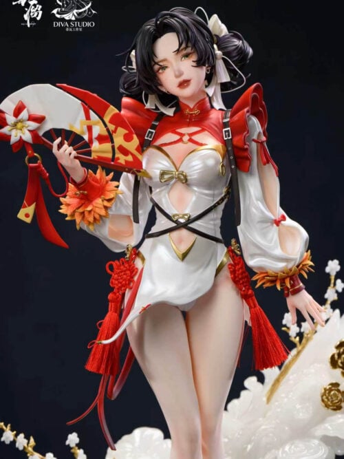 Bai Chou holding a red, white and gold folding fan, with red shoulder ruffles, long tassels and bare legs above white cloud forms.