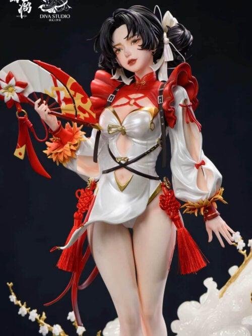 Angled view of Bai Chou with an open folding fan, red knotted tassels and bare legs, framed by white clouds and blossom branches.