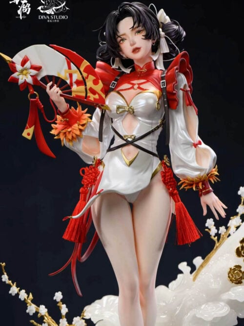 Bai Chou in a white-and-red outfit holding a decorated folding fan, with bare legs above white cloud forms and gold-colored flowers.
