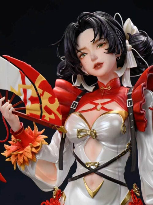 Upper-body view of Bai Chou holding an open folding fan, wearing red shoulder ruffles, white sleeves and a gold-trimmed white dress.