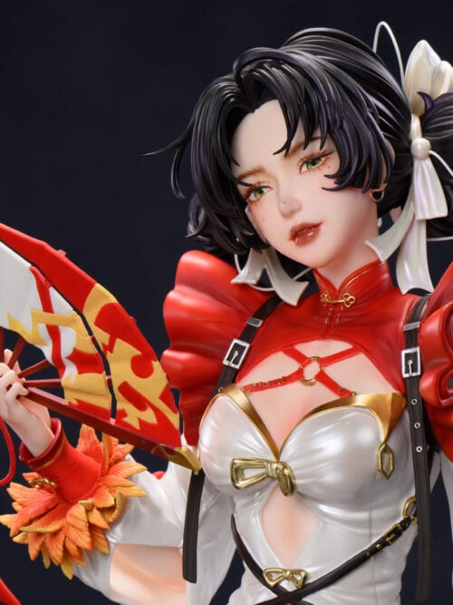 Close-up of Bai Chou's green eyes, black hair with white ribbons, and open folding fan with a red-and-white flower ornament.