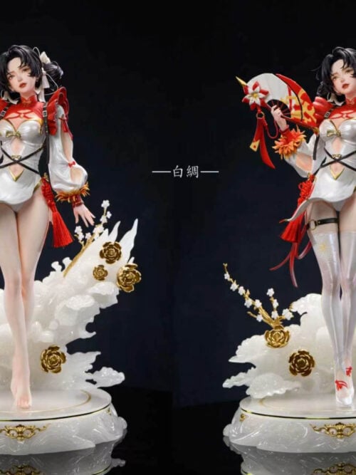 Side-by-side full views of Bai Chou with bare legs on the left and white thigh-high stockings on the right, each on the cloud-and-flower base.