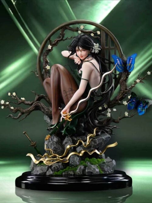 Tianyi He statue with a wavy-bladed sword, circular lattice frame, flowering branches and blue butterflies against a green backdrop.