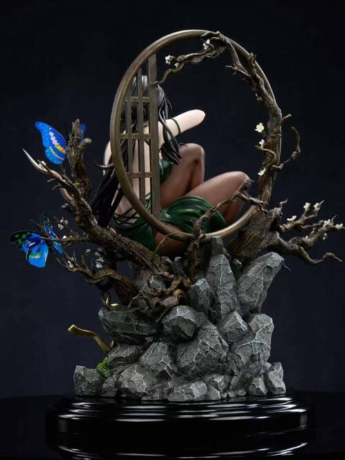 Rear view of Tianyi He showing the circular lattice frame, flowering branches, blue butterflies and layered rocky base.