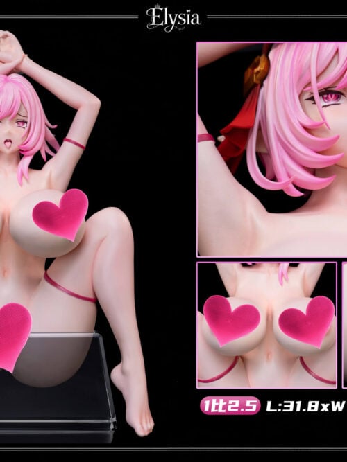 Elysia doll dimensions collage showing a transparent base and detail insets, labeled 1/2.5 scale and L 31.8 × W 17.3 × H 47.3 cm.
