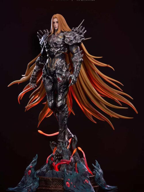Full three-quarter view of Charles with long golden hair, skull-shaped armor and a creature-covered base with red-orange tendrils.