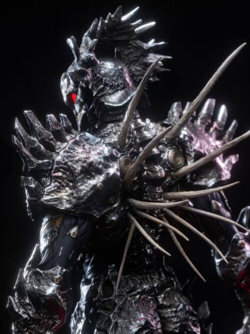 Rear three-quarter close-up of helmeted Linyuanzhe showing long back spikes, layered armor and jagged shoulder plates.