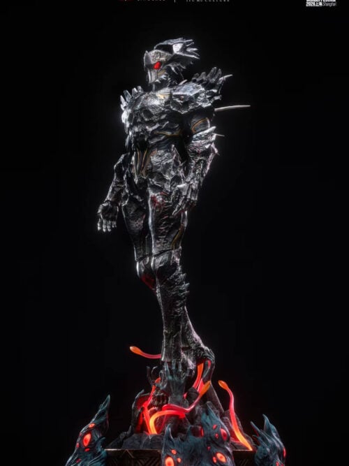 Full three-quarter view of helmeted Linyuanzhe with projecting back spikes and a creature-covered base with red-orange tendrils.