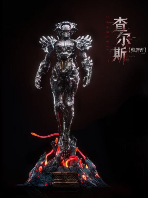 Front view of helmeted Linyuanzhe in spiked skull armor above reaching hands, dark creature forms and red-orange tendrils.