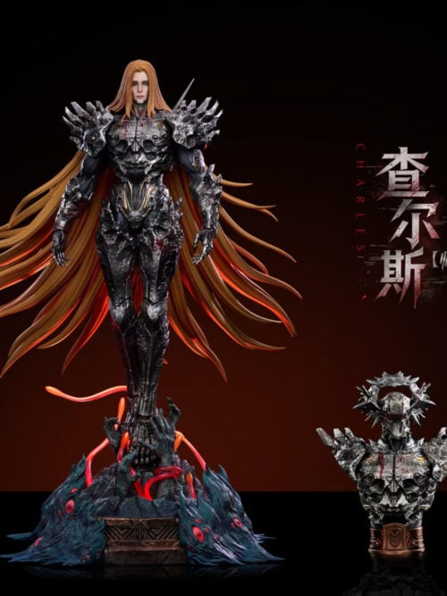 Unhelmeted Charles statue with flowing golden hair beside a separate helmeted bust, with a pre-order bonus notice.