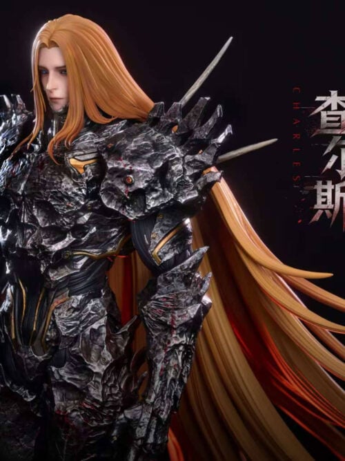 Three-quarter close-up of Charles showing golden hair, skull-shaped chest and shoulder armor, and jagged spikes.