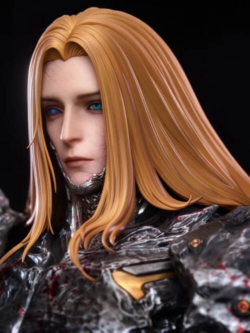 Close-up of Charles's stern face, blue eyes and center-parted golden hair above textured skull-shaped armor.