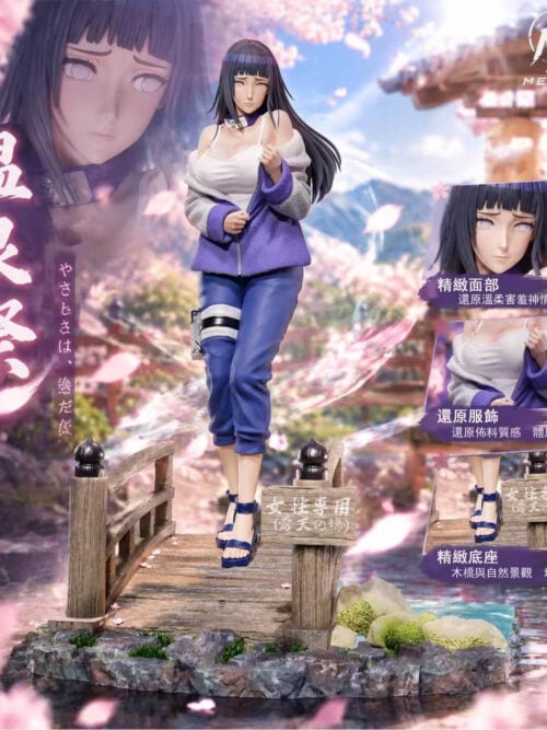 Hinata Hyuga on a landscaped bridge base, with portrait, jacket and bridge detail insets in a promotional layout.
