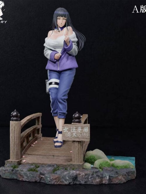 Hinata Hyuga Version A on a wooden-style bridge with a sign, surrounded by rocks, greenery and a blue water feature.
