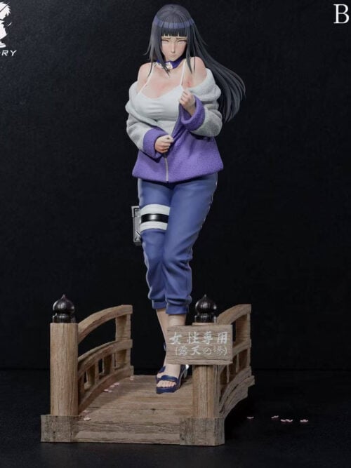 Hinata Hyuga Version B standing on a compact wooden-style bridge base with railings and a sign, without the surrounding landscape.