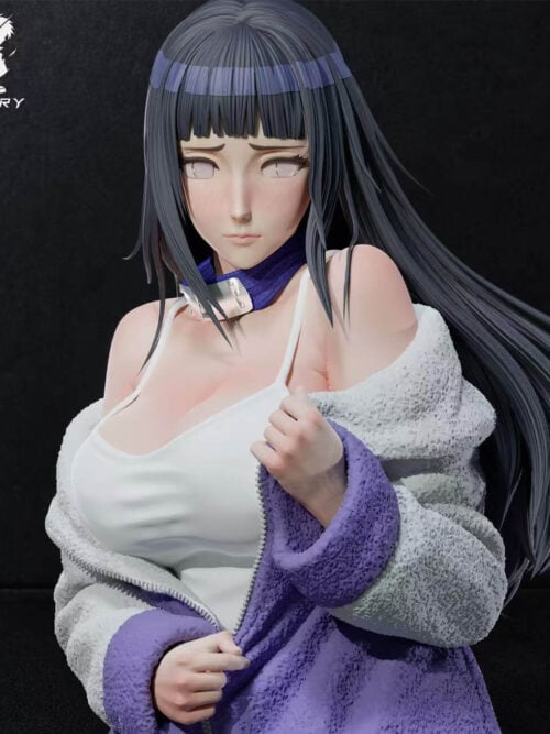Upper-body detail of Hinata Hyuga showing long dark hair, a white top and the textured purple-and-gray jacket held in her hands.