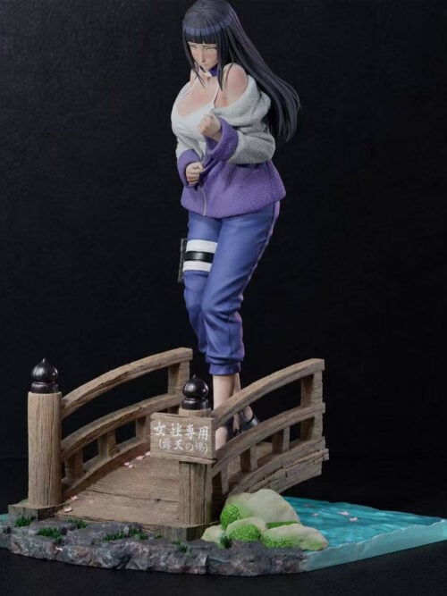 Three-quarter view of Hinata Hyuga Version A showing the bridge railings, rocky edging, greenery and blue water feature.