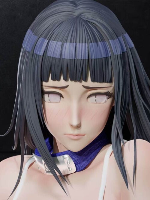 Close-up of Hinata Hyuga's pale eyes, lightly flushed cheeks, straight bangs and purple neck band with a silver-colored plate.