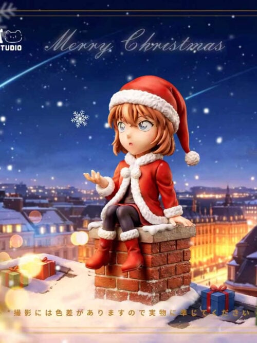 Ai Haibara in a red Santa outfit seated on a snowy brick chimney against a festive rooftop backdrop with gifts and Christmas trees.