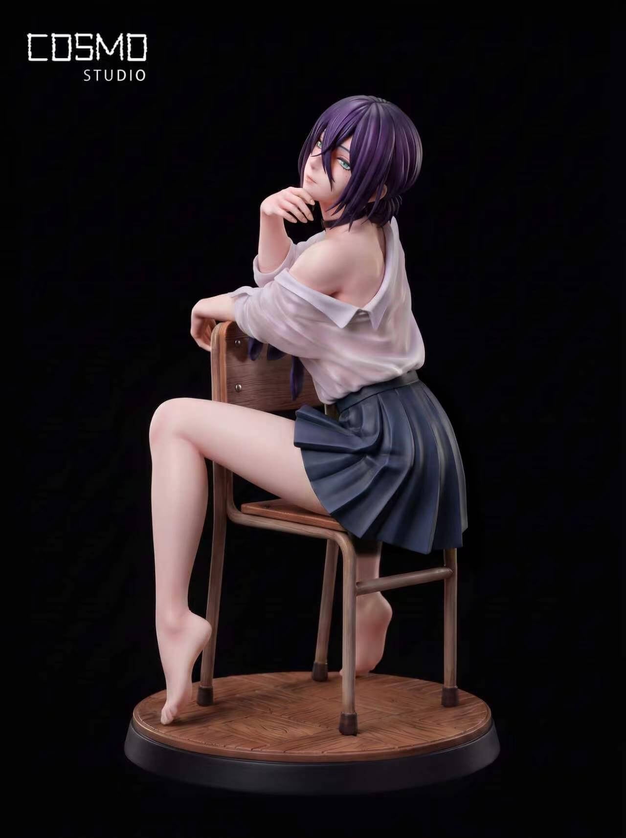 Cosmo Studio Reze School Uniform – Bare Legs Side View Side view of Cosmo Studio's Reze statue, bare-leg version, seated backward on a classroom chair on a round wood-patterned base.