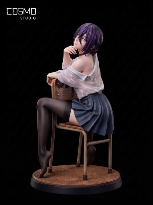 Side view of Cosmo Studio's Reze statue in black thigh-high stockings, seated backward on a classroom chair on a round wood-patterned base.