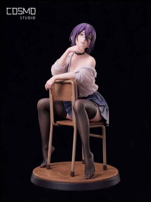 Front view of Cosmo Studio's Reze statue in black stockings, with one forearm across the chair back and the other hand near her chin.