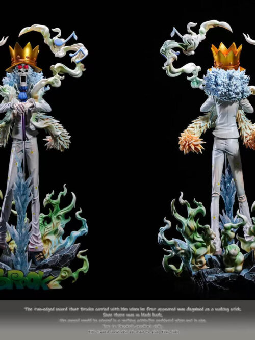 Front and rear views of the same F.I.T Studio Brook statue, with a white suit, musical-note clouds and green skull effects.