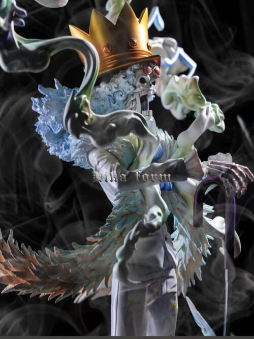 Side portrait of Brook beneath a gold-colored crown hat, with pale blue hair, curling cloud effects and hands on a purple cane.