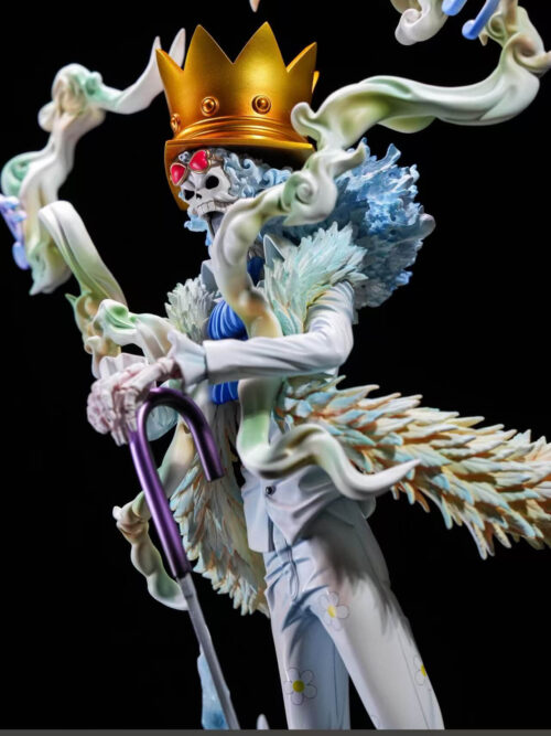 Angled close-up of Brook with a purple cane, white suit, feather-textured trim and curling musical-note clouds.