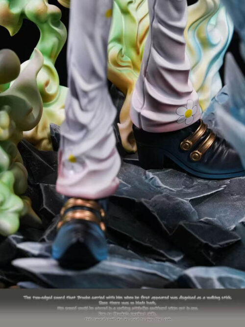 Close-up of Brook's shoes on a jagged rocky base, surrounded by green skull-shaped wisps and blue ice-like effects.