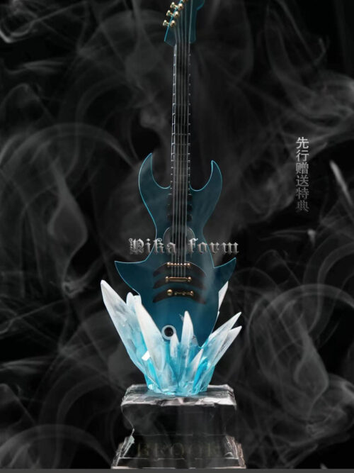 Blue shark-shaped guitar on an ice-effect display stand, with Chinese text identifying it as an early reservation bonus.