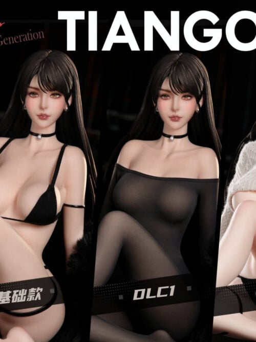 Three-panel clothing comparison labeled Basic, DLC1 and DLC2, showing a black bikini, black bodystocking and gray turtleneck sweater.