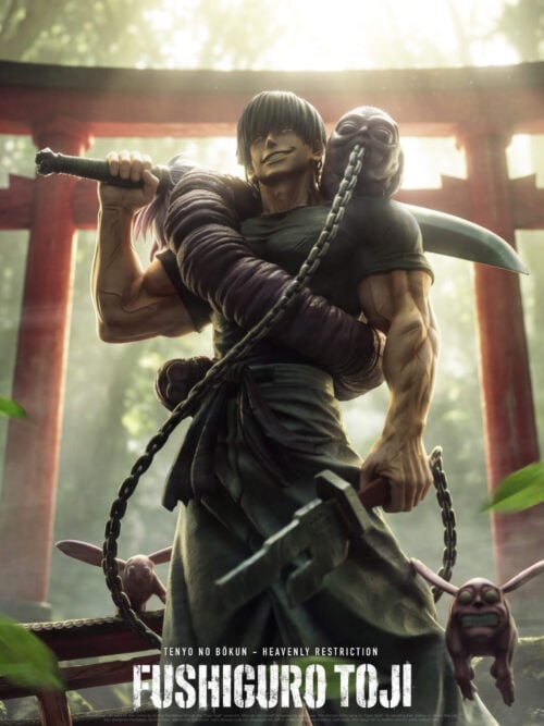 Toji Fushiguro promotional artwork with a sword across his shoulder, a purple creature around his torso and red torii gates in a forest.