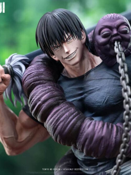 Close-up of Toji Fushiguro with a narrowed gaze and toothy grin, holding a sword across his shoulder beside a purple coiled creature.