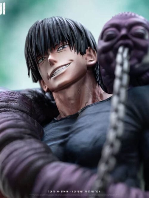 Close-up of Toji Fushiguro's raised-chin grin, with black hair, a lip scar and a purple creature beside his face.