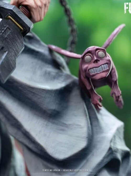Detail of Toji Fushiguro's angular blade and a small purple creature beside the folds of his pale trousers.
