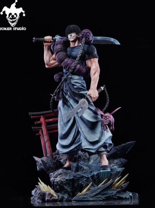 Full view of Joker Studio's Toji Fushiguro statue with two blades, a coiled purple creature and a rocky base with red torii gates.